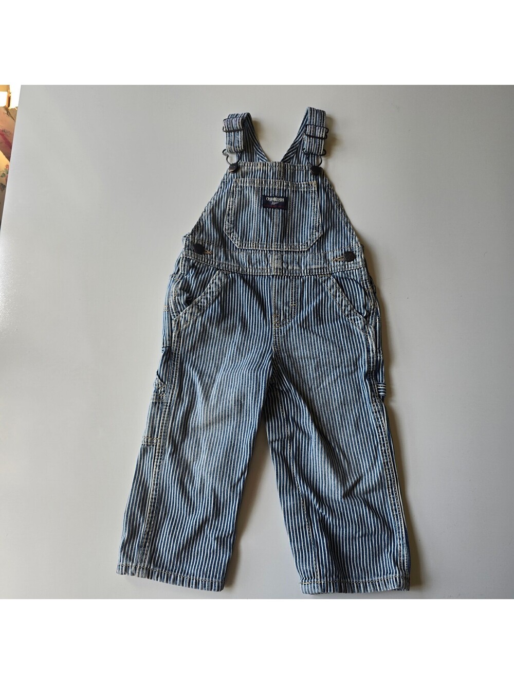 OshKosh B'gosh Hickory Stripe Railroad Denim Overalls 18M Blue White Vestbak